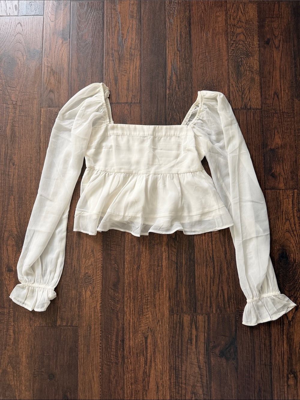 Abercrombie & Fitch Ivory Square-Neck Peplum Long-Sleeve Blouse